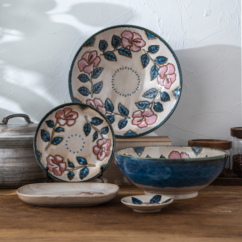 日式创意手绘和风植物花纹碗盘碟陶瓷餐具组合套装米饭碗汤碗鱼盘
