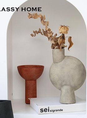 侘寂风纯手工陶艺抽象几何花器 现代简约艺术花瓶摆件 民宿样板房