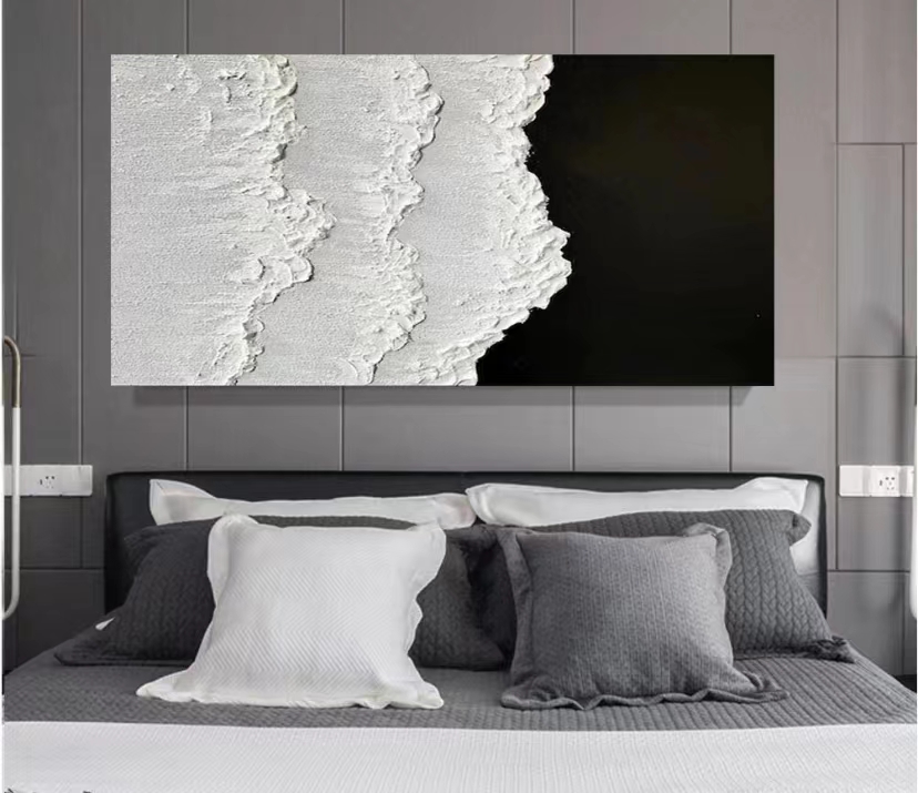 大芬村手绘油画侘寂风黑白抽象海浪客厅肌理沙发装饰画卧室床头画