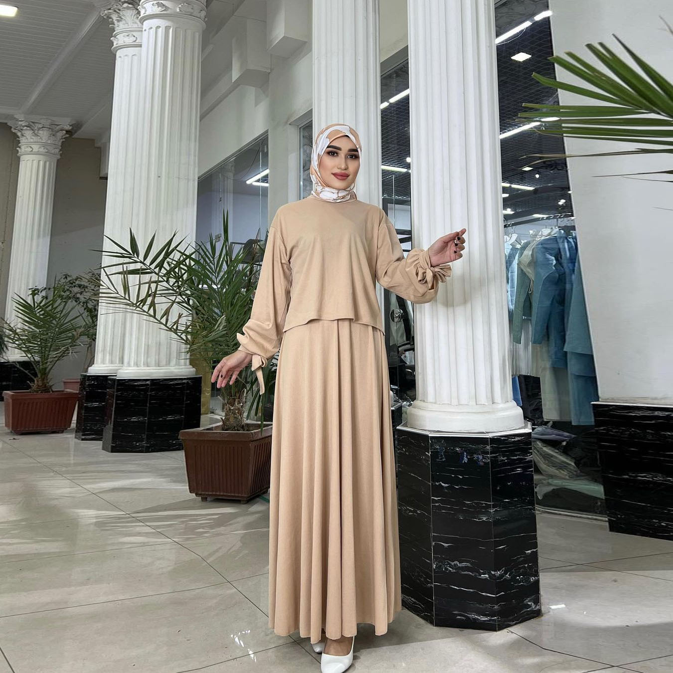 现货中东穆斯林阿拉伯女2024春季新款时尚长袖上衣半身连衣裙套装