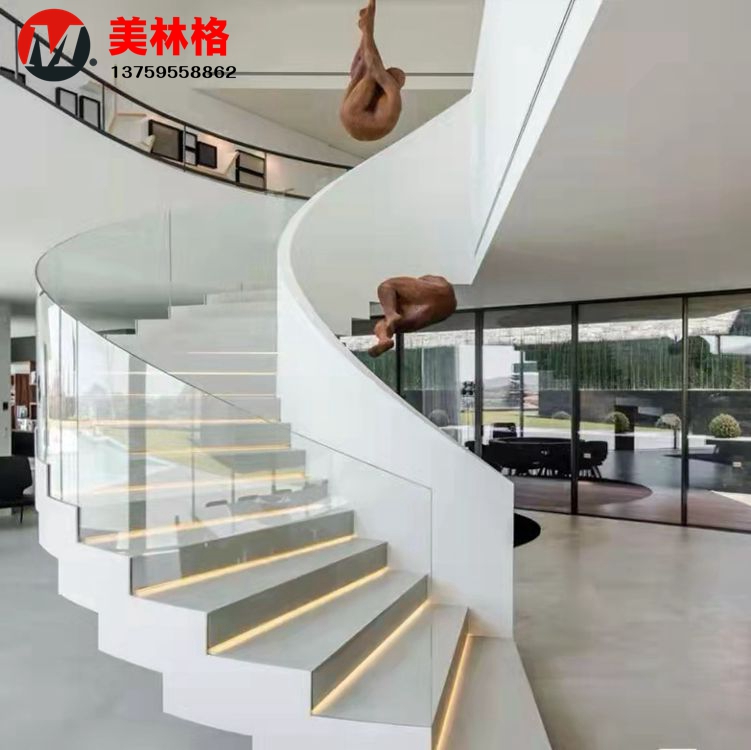 室内外旋转钢板楼梯扶手网红玻璃扶手别墅护栏钢结构楼梯全国安装