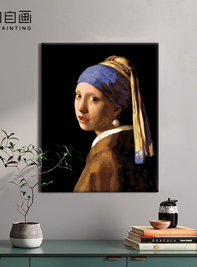 自油自画 diy数字油画客厅卧室人物手绘装饰画 戴珍珠耳环的少女