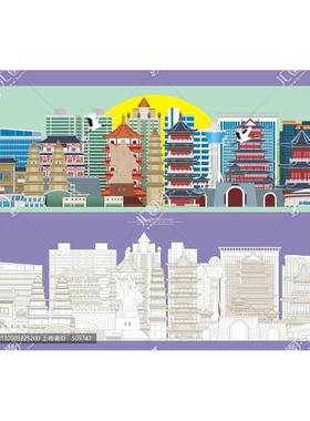 D225陕西商洛市AI矢量地标旅游建筑海报设计线稿城市剪影手绘插画