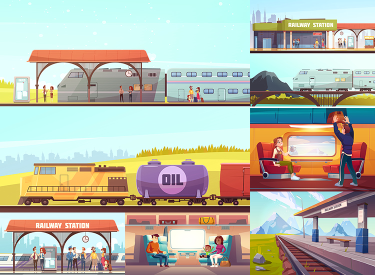 火车站插画 城市交通运输轨道候车站台海报 AI格式矢量设计素材