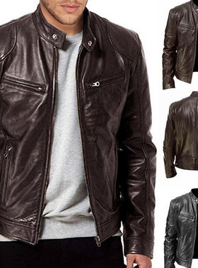 2021 Men Autumn Winter Leather Jacket Slim Fit Stand Collar