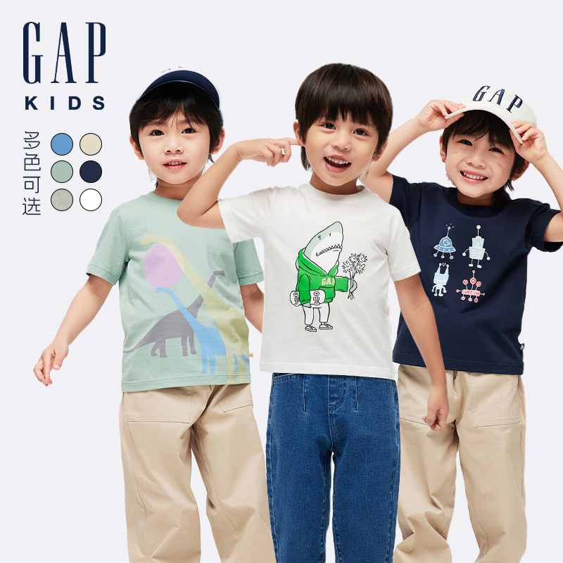 Gap男幼童2024春夏新款纯棉印花图案圆领短袖T恤儿童装上衣430235