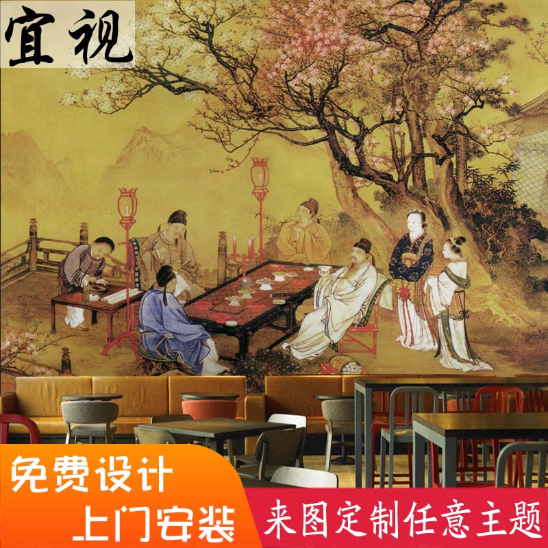 中式古代宫廷建筑街景壁纸串串香火锅饭店背景墙纸清明上河图壁画