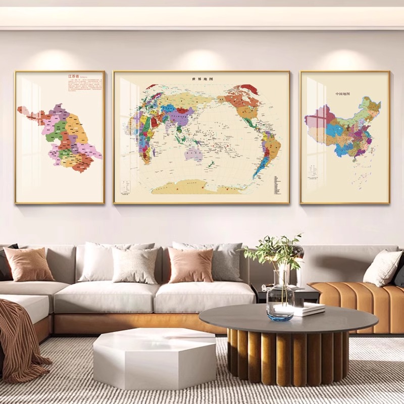 新版中国世界地图办公室客厅装饰画省份地图背景墙高档大气三联画