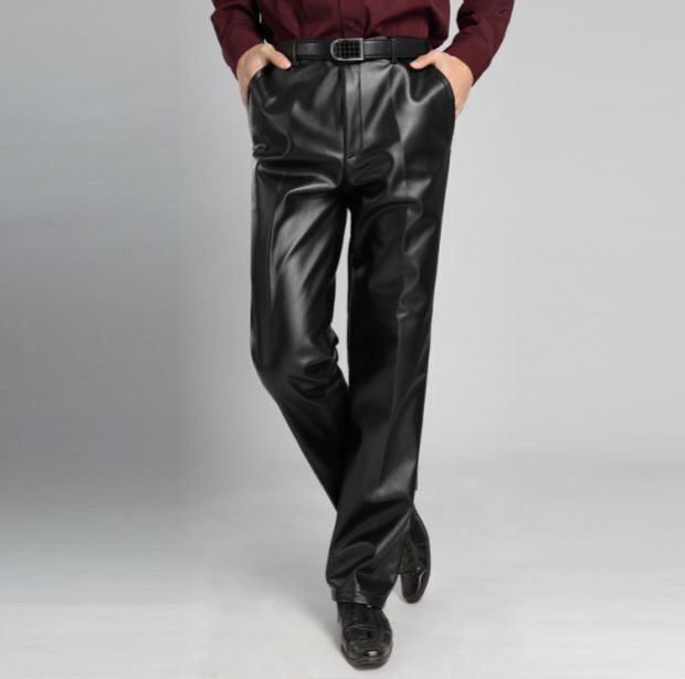 秋冬季中年男士加绒加厚PU皮裤薄款摩托防风防雨直筒加大码机车裤