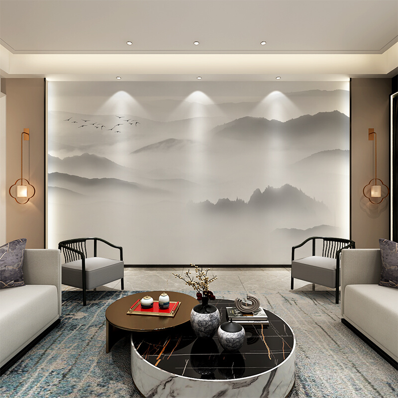 新中式意境山水墙纸客厅电视背景墙壁纸卧室影视墙壁布定制壁画
