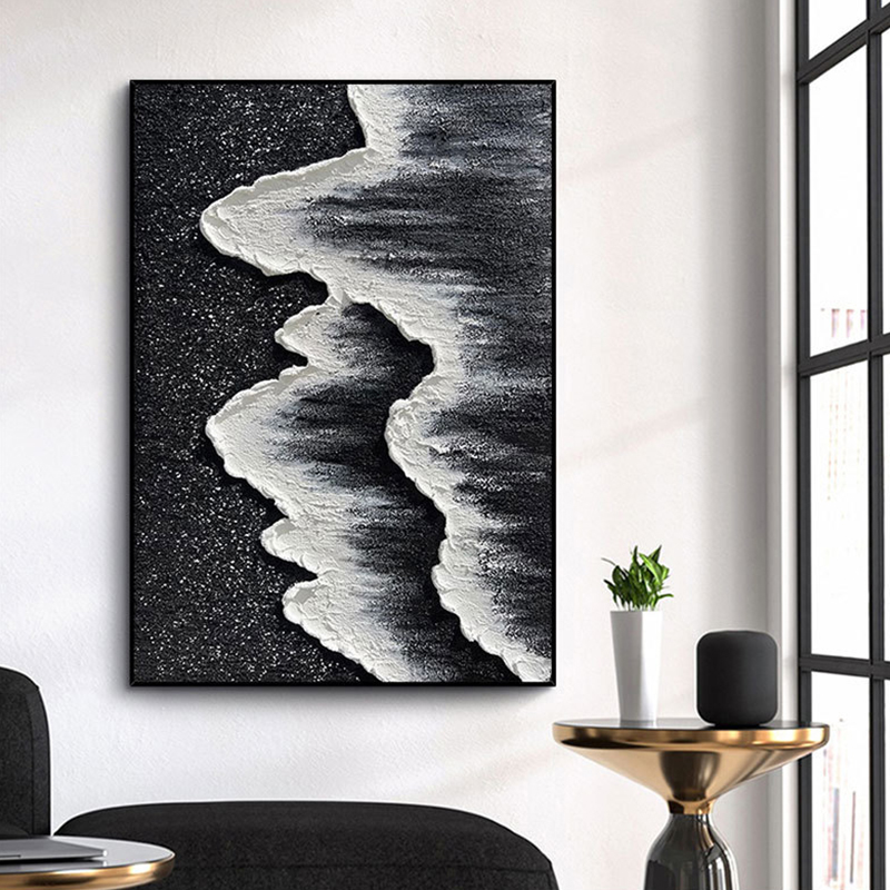 海滩油画手绘抽象客厅玄关沙发背景装饰挂画简约北欧海浪沙岩黑白