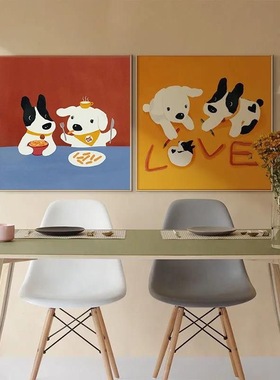 卡通挂画幸福物语抽象狗狗一家人儿童房装饰画ins风客厅沙发壁画