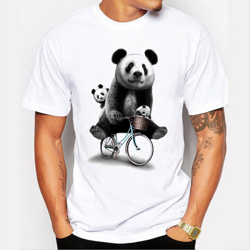 外贸热卖 男装夏季可爱骑自行车的熊猫印花潮流白色短袖T恤