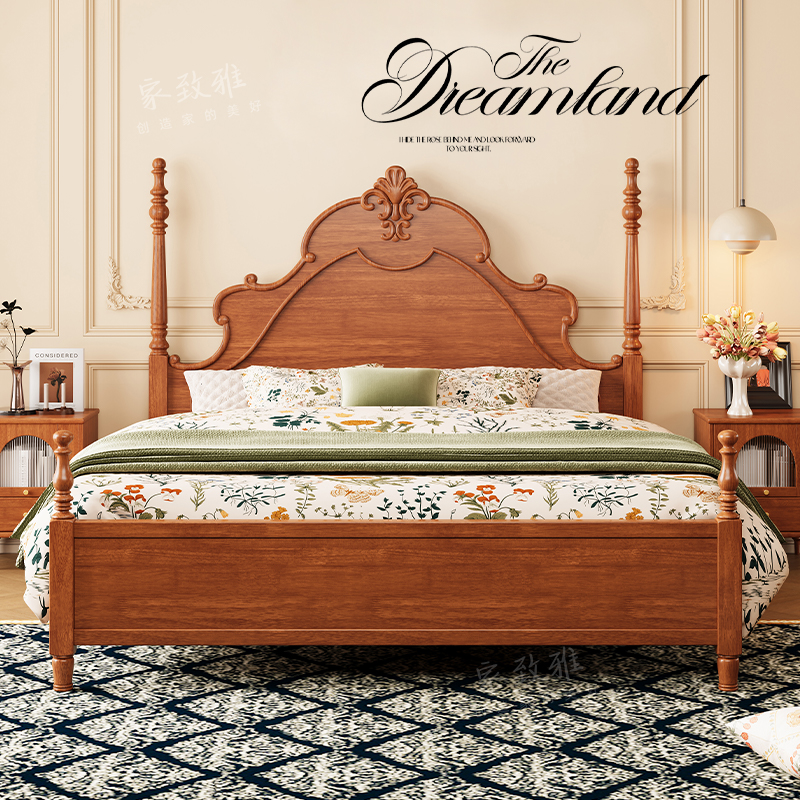 美式实木床法式复古中古风双人1米8大床主卧安娜公主婚床高脚储物