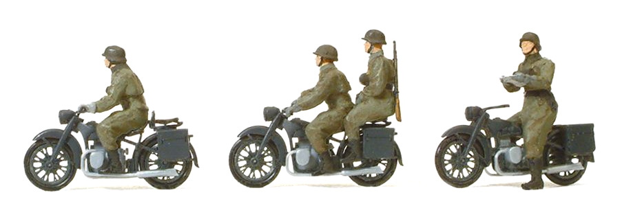 HO 未上色 套件 需自行組裝 Preiser 16598 二戰德軍摩托車兵