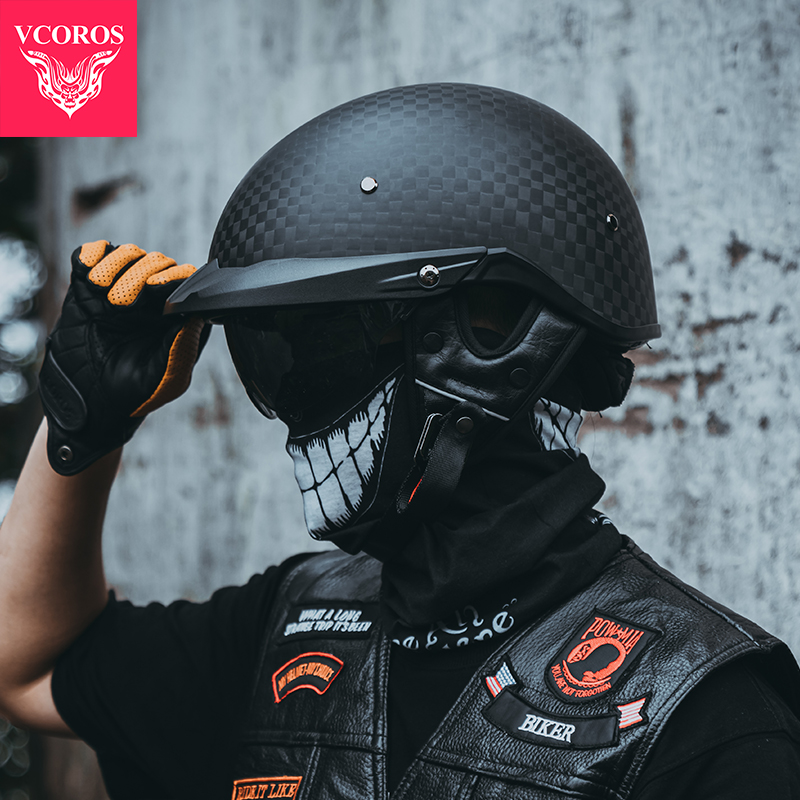 VCOROS碳纤维头盔复古哈雷电动摩托车半盔夏季男女轻便瓢盔3C认证