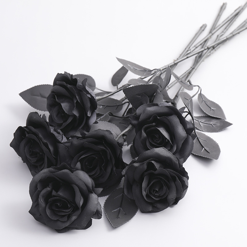 黑色仿真玫瑰玫瑰花万圣节鬼节恐怖哥特风格黑暗系列装饰假花