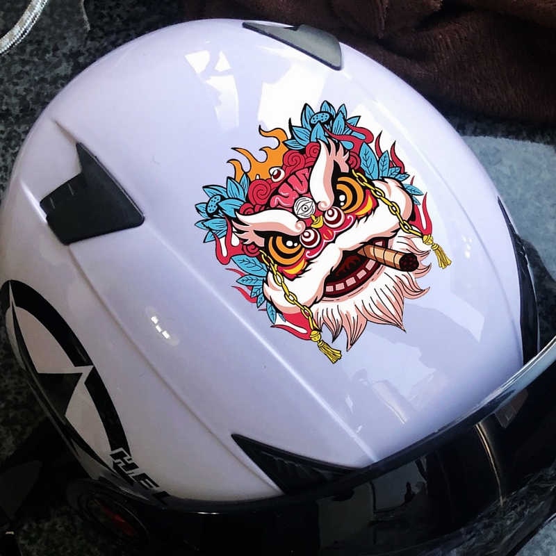 防水防晒国潮舞狮子运气上升车贴划痕遮挡个性摩托电动车头盔贴纸