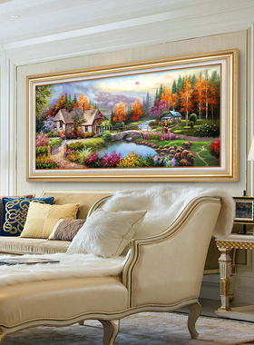 美式油画客厅挂画沙发背景墙装饰画山水画风景手绘欧式壁画高级感