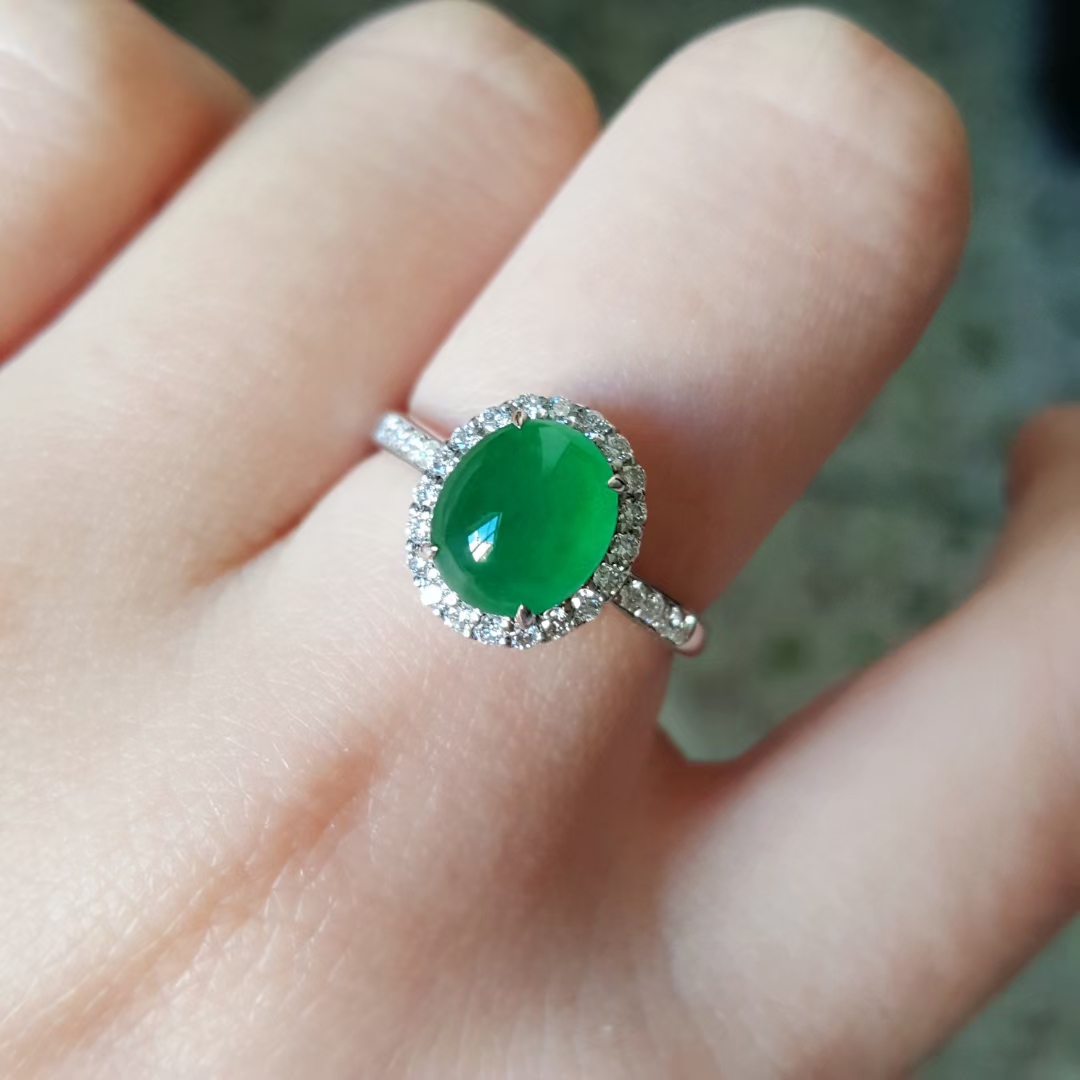 天然缅甸冰种阳绿翡翠戒指女帝王绿蛋面裸石指环戒面满绿戒指
