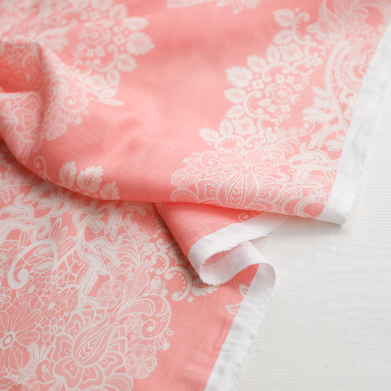 日本进口薄款粉橘红色细腻砂洗椭圆欧式印花编织纯亚麻设计师布料