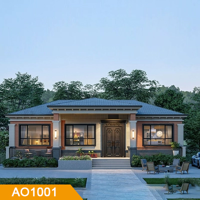 AO1001农村自建房一层新中式简欧网红别墅设计图纸单层效果图乡村