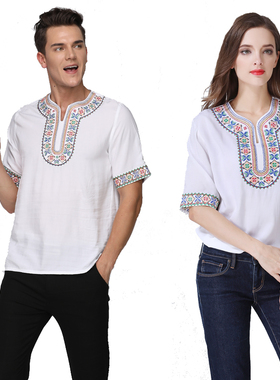 新疆维吾尔族餐厅服装白色棉绸短袖男女同款民族特色宽松休闲T恤
