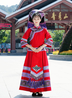 24款红色配紫八角花条壮族服装女传统服饰长裙回娘家三月三民族服