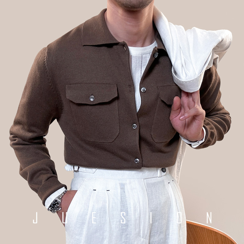 JUESION 针织衬衫领长袖毛衣男士秋冬季纯色羊毛衫高级感外套开衫
