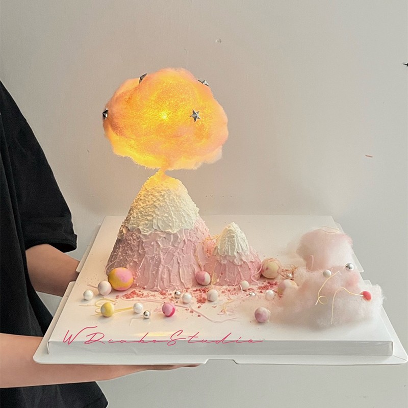 唯美火山富士山云朵棉花发光灯蛋糕装饰摆件小仙女星星生日插件z