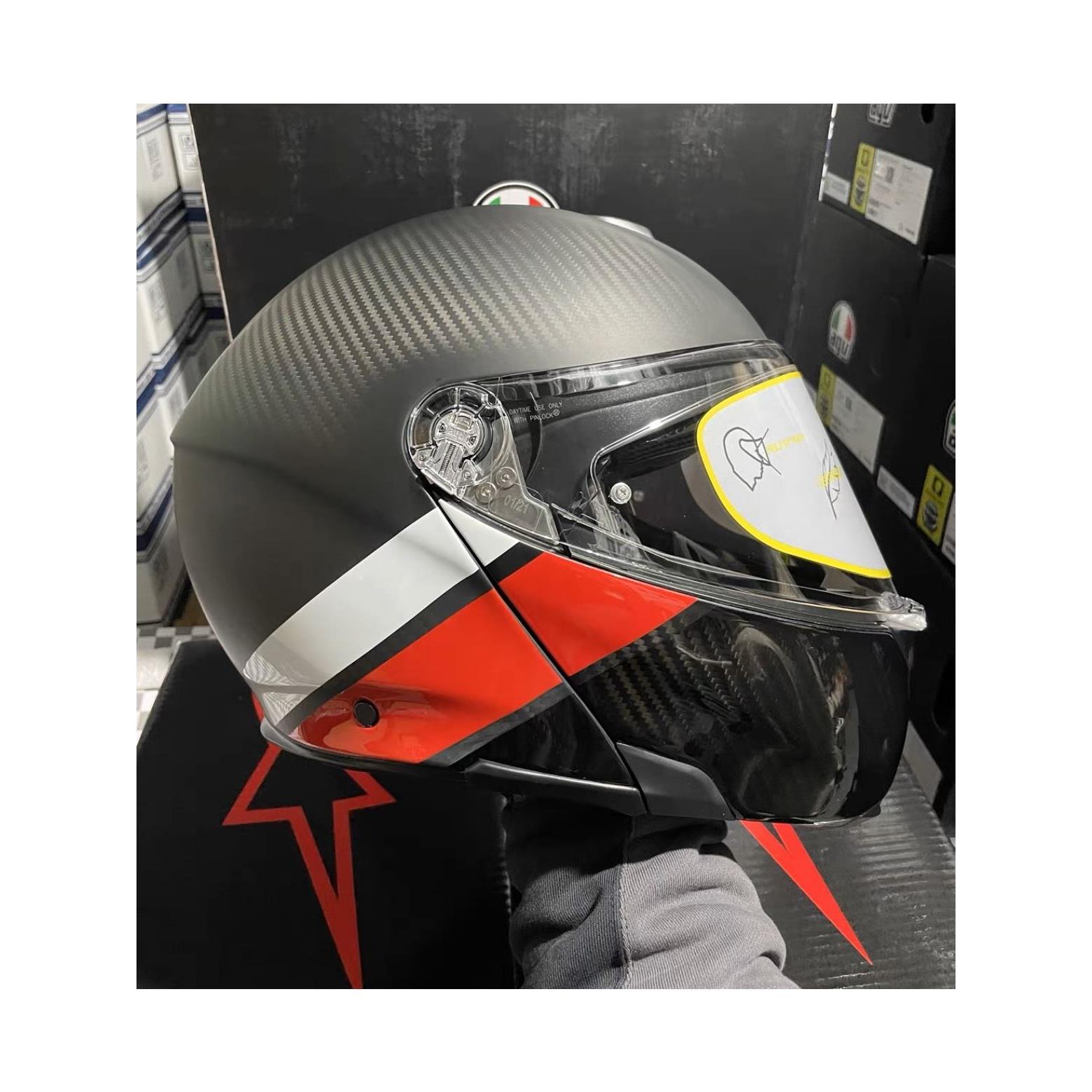 AGV碳纤维揭面盔头盔男女防雾摩托车赛车双镜片全盔Sportmodular