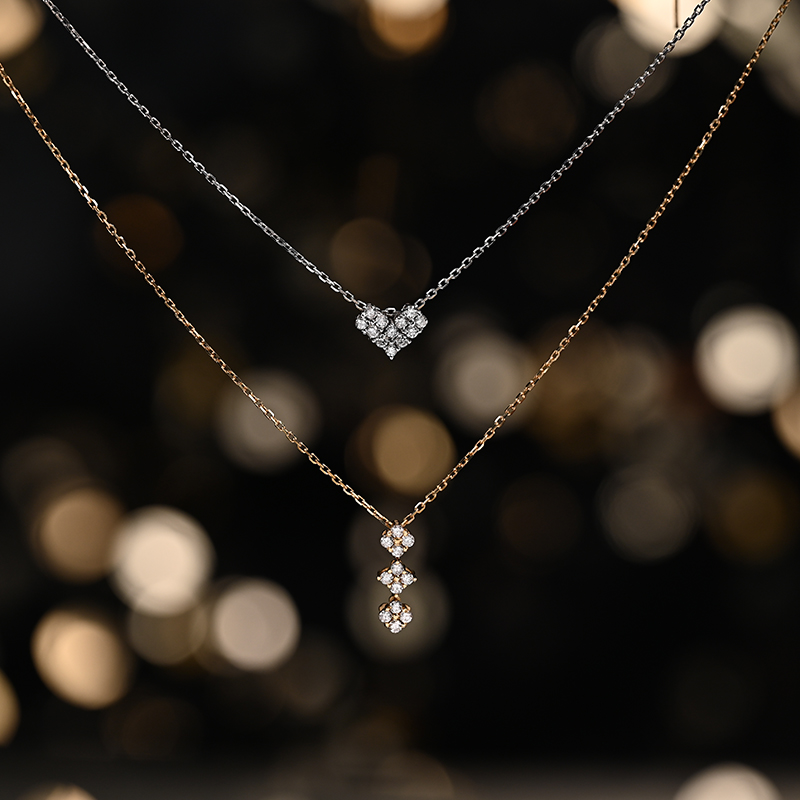 18k金天然钻石 爱心吊坠一款两戴项链 精致珍珠叠戴 日本进口针式