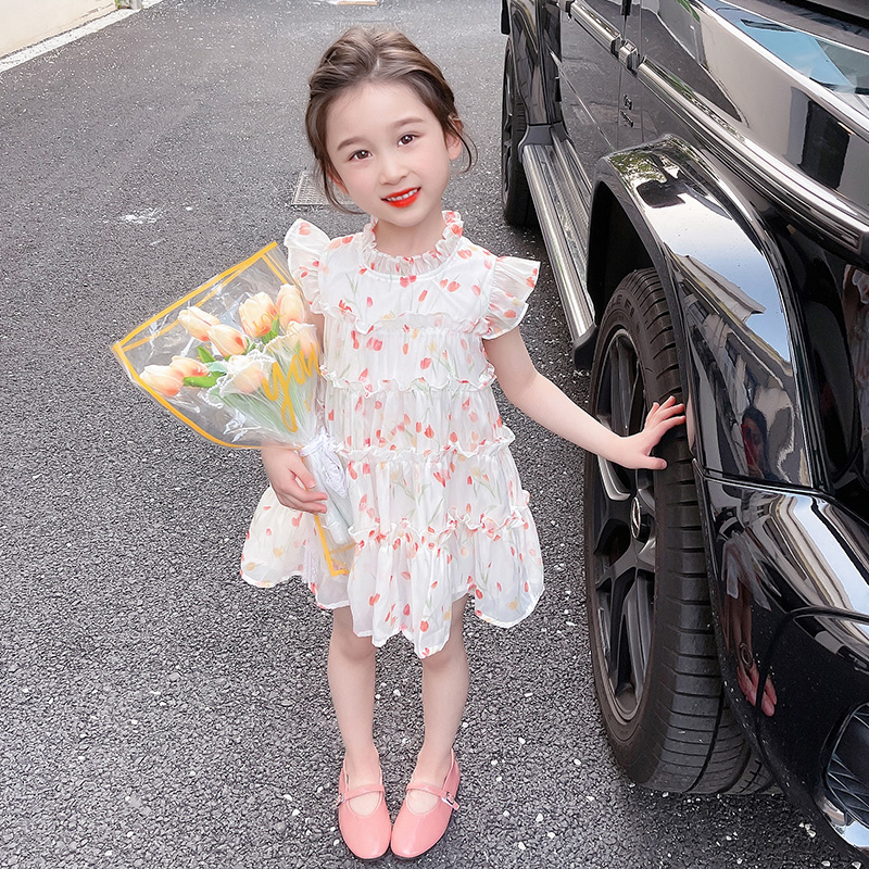 女童2024夏季最新款中小童女宝宝韩版小飞袖白色花朵公主风连衣裙