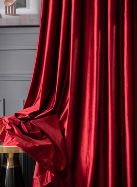 复古加厚轻奢丝绒窗帘加厚遮光红色中式家用民宿纯色背景绒布窗帘