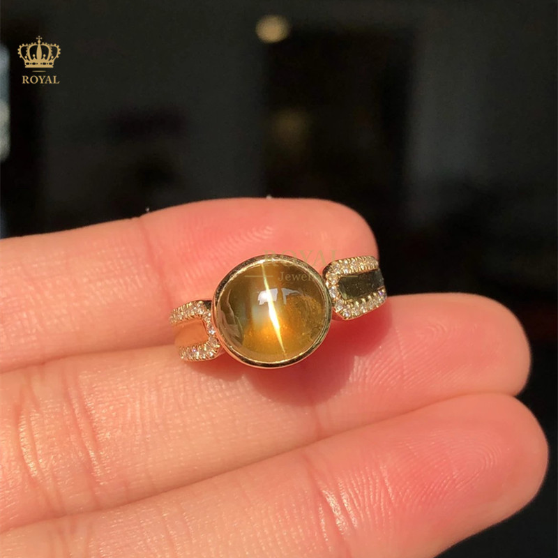 ROYAL珠宝4.73CT金绿猫眼戒指钻石18K镶嵌送女友老婆闺蜜节日礼物