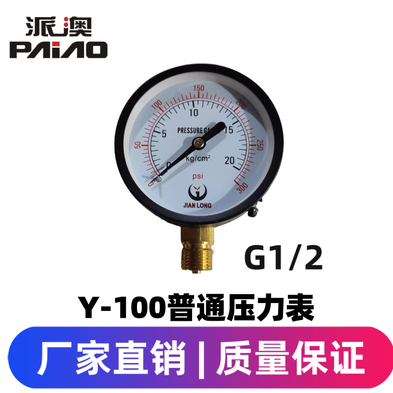 JIANLONG普通表Y100 0-20KG/300PSI压力表气压表水压表4分牙G1/2