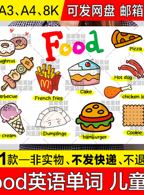 Food英文儿童画手抄报模板小学生食物趣味英语单词简笔画小报线稿
