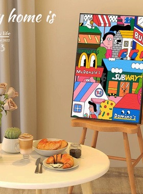 卡通人物装饰画ins风咖啡店挂画沙发背景多巴胺韩国插画餐厅壁画