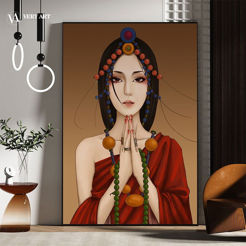美女装饰画西藏少女油画藏族女孩画现代轻奢晶瓷画玄关人物画挂画