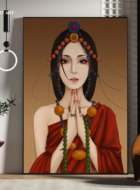 美女装饰画西藏少女油画藏族女孩画现代轻奢晶瓷画玄关人物画挂画