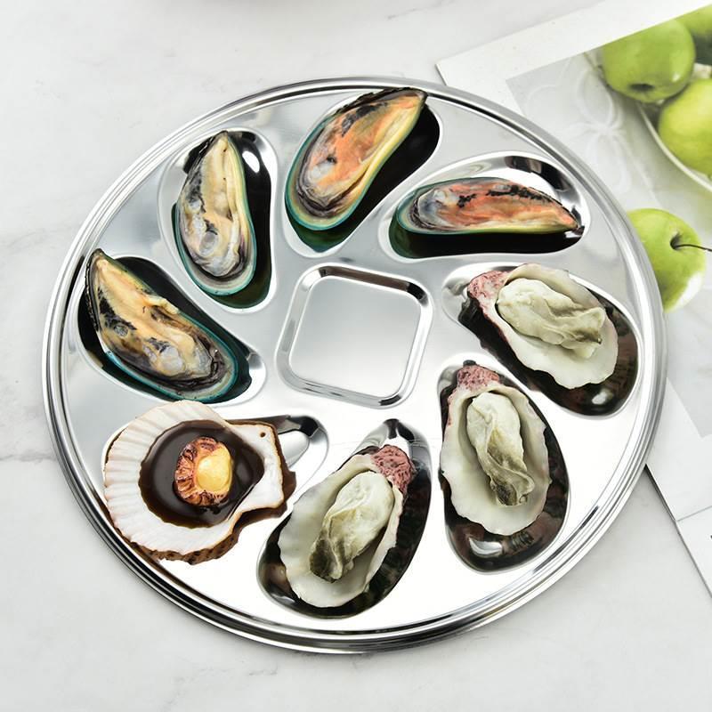 创意圆形不锈钢生蚝盘牡蛎盘餐厅烤吧生蚝盘自助餐海鲜盘厨房工具