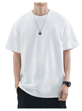 三本针日系260g重磅短袖t恤男款纯棉圆领宽松纯色白色打底衫夏季
