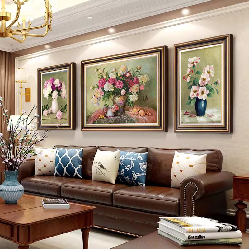 客厅装饰画牡丹欧式油画三联壁画餐厅玄关美式正品沙发背景墙挂画