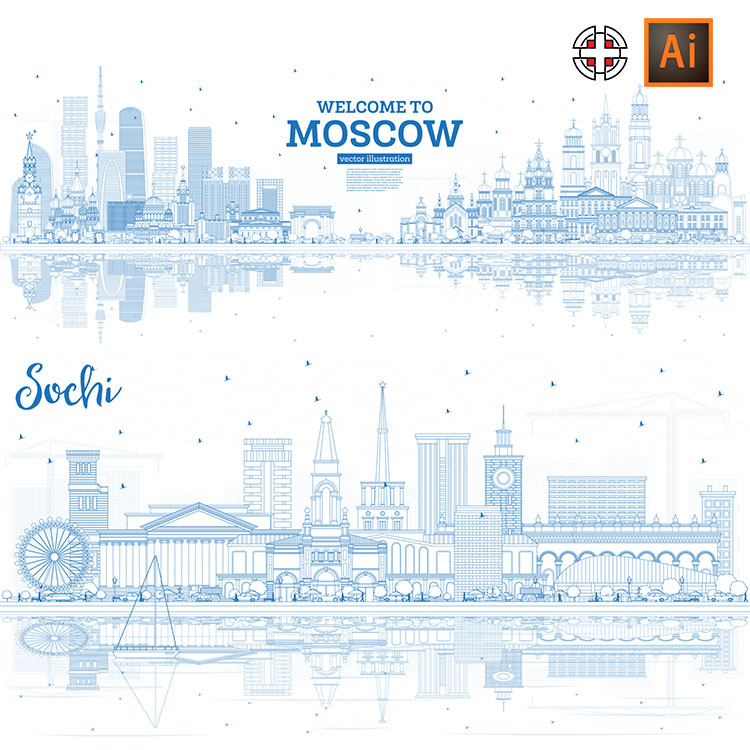 俄罗斯旅游地标城市线稿线条剪影AI矢量设计素材