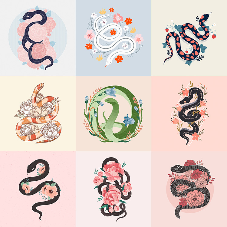 花卉蛇艺术背景 9款意境唯美水彩花卉装饰画海报 AI矢量设计素材