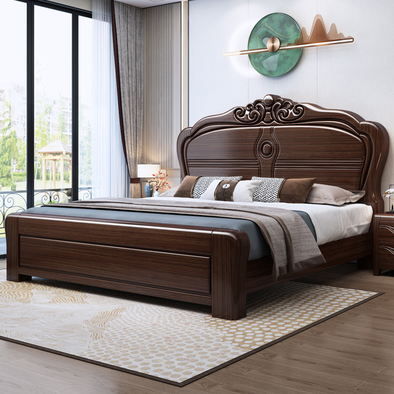 紫金檀木实木床新中式雕花1.8米加厚主卧双人床1.5m轻奢储物婚床