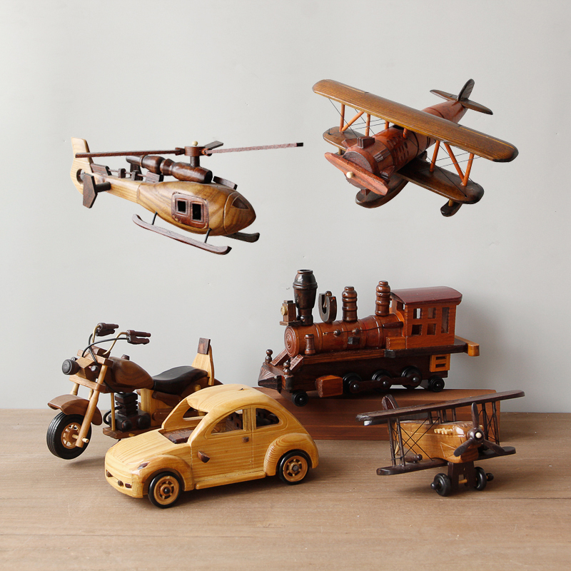 创意实木飞机汽车摩托车模型家居装饰品摆件复古美式酒柜工艺品