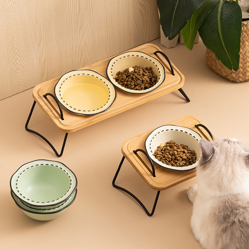 猫碗陶瓷漫画线条狗碗猫咪食盆宠物餐可拆卸竹木三碗宠物碗水碗