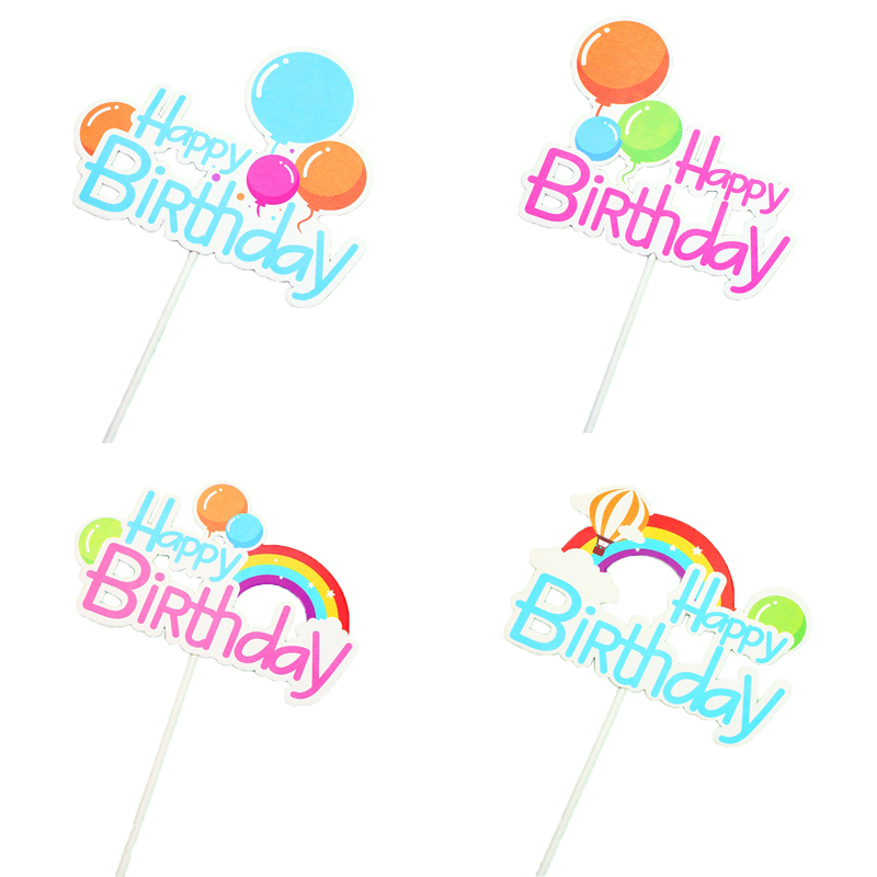 Happy Birthday彩虹热气球祝福贺卡插件牌生日烘焙蛋糕装饰扮用品