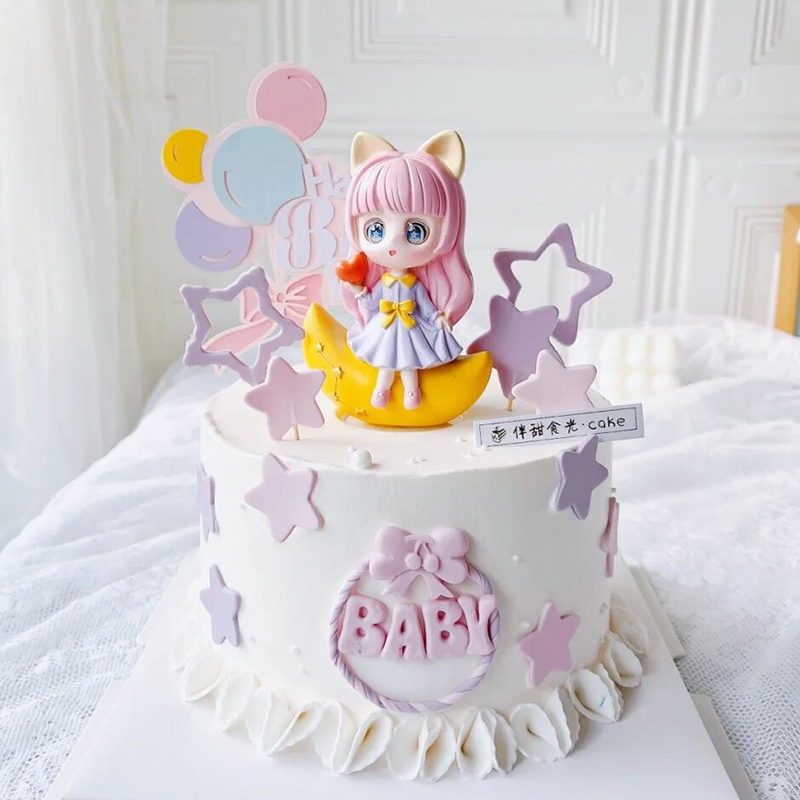 儿童月亮星河少女生日蛋糕装饰摆件月亮公主小女孩玩偶插件配件